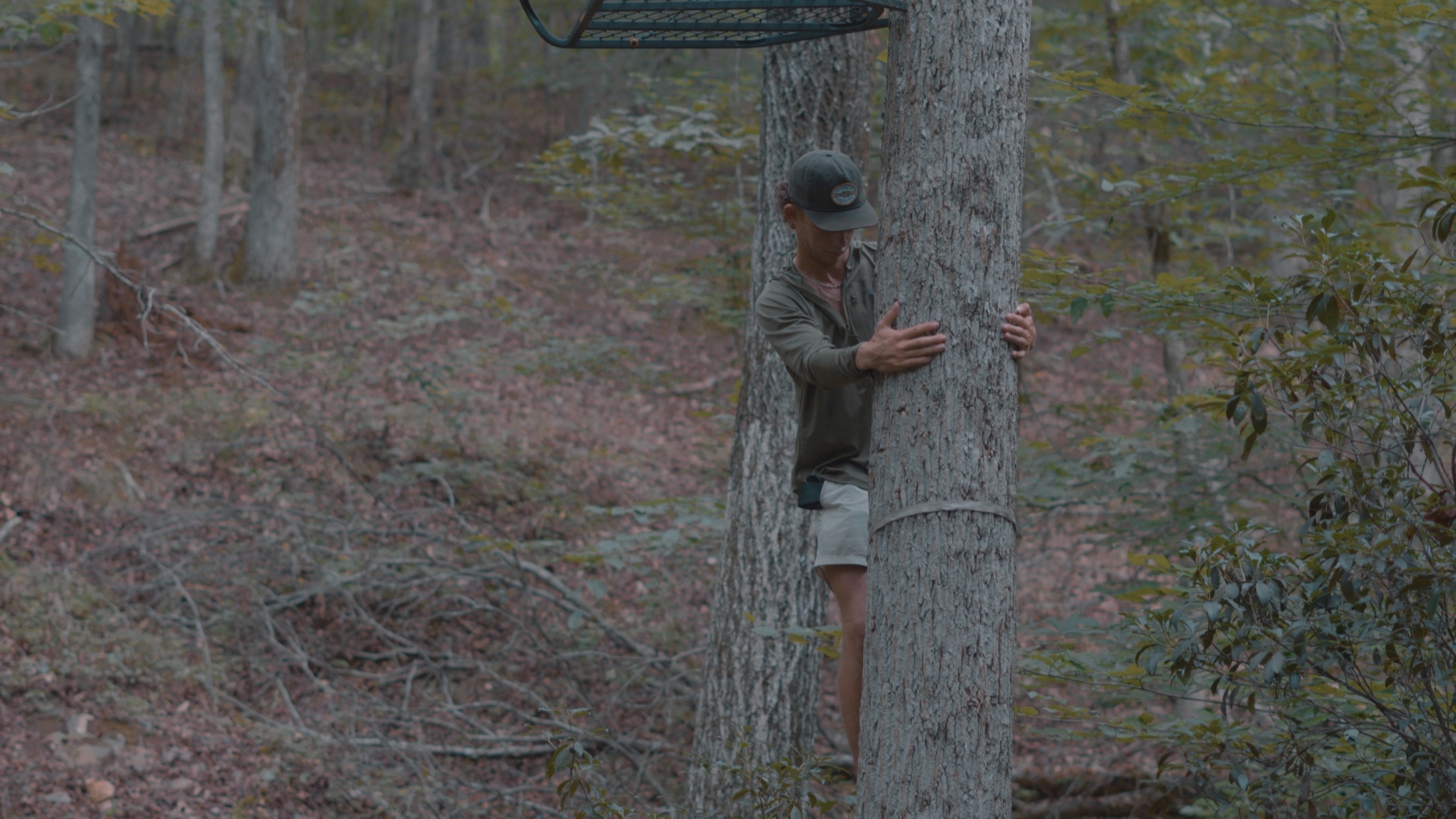 Divine Outdoors Co. hunter hanging a treestand